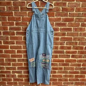 The Pyramid Collection Cotton Chambray Patchwork Boho Overalls Blue M NEW